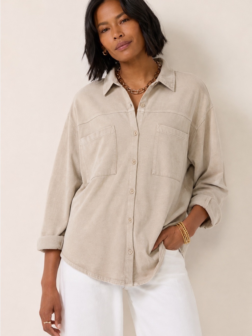 Z Supply Niccola Button Up Top Medium Oatmeal Knit Oversized Cotton Shirt